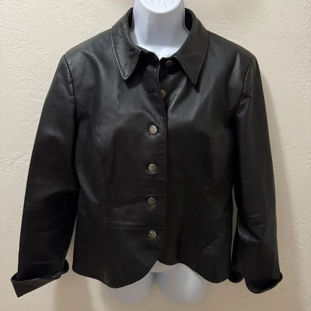 Vintage 90s Shape FX Black Leather Jacket Metal Buttons 14